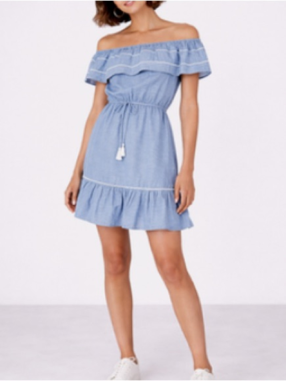 J Crew Off Shoulder Dress Womens Large Lapis Blue Linen Blend NEW chambray
